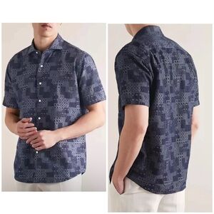 Peter Millar Crown Crafted Mens Sz XL  Cotton  Patchwork Shirt Indigo Color NWT